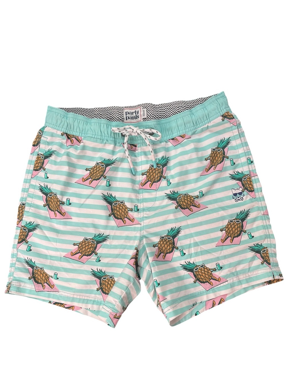 Party Pants Swim Trunks Mens Medium Pull On Drawstring Pineapple Turquoise White